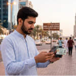 A man uses his smartphone while holding an ID card on a busy Qatar street, with city buildings and pedestrians in the background.