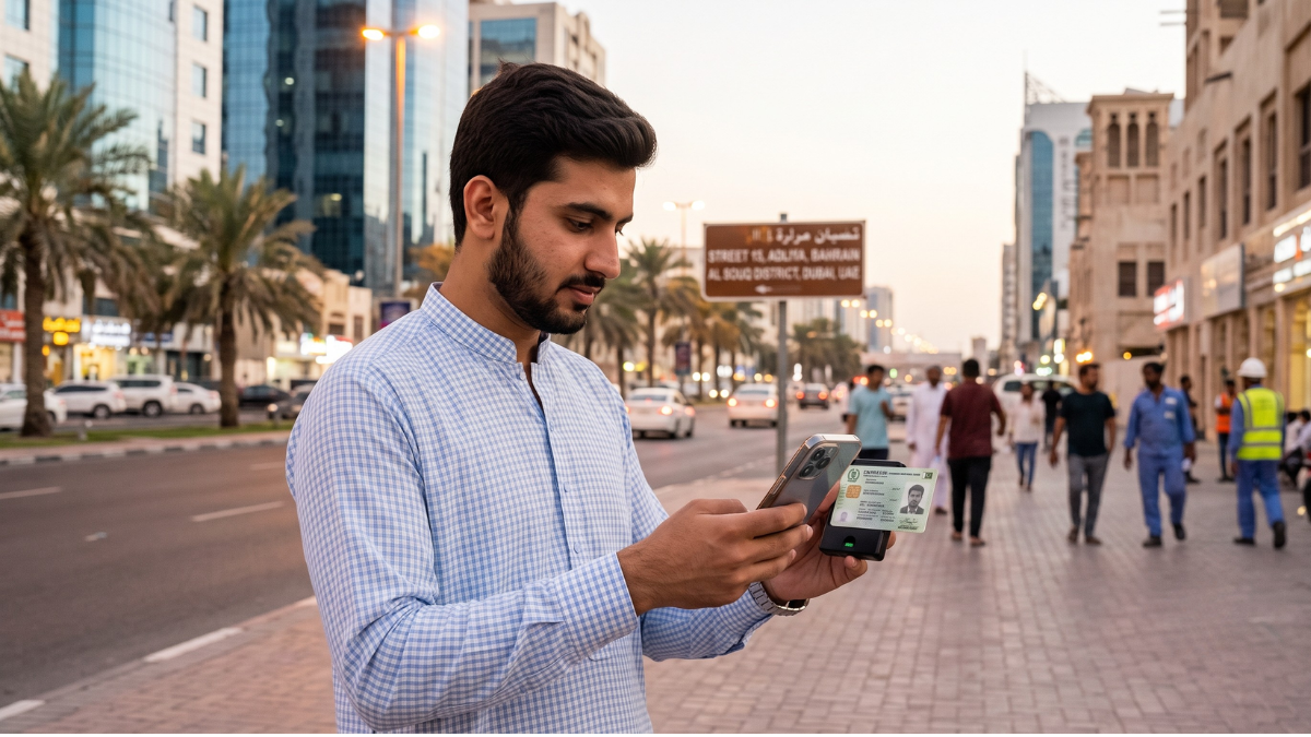 A man uses his smartphone while holding an ID card on a busy Qatar street, with city buildings and pedestrians in the background.